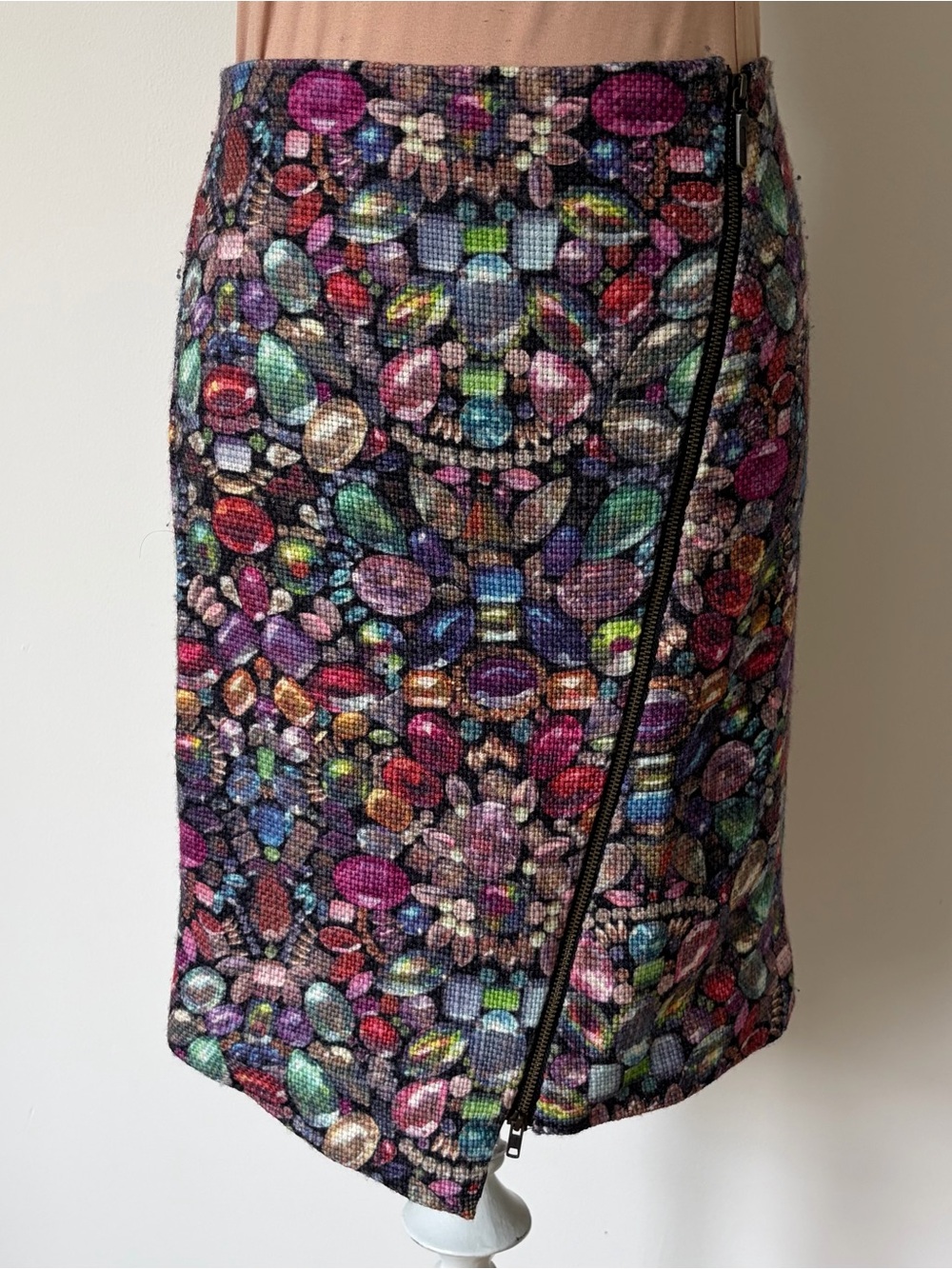 Artelier Nicole Miller Asymmetric Wool Knit Multicolor Gem Print Pencil Skirt 2